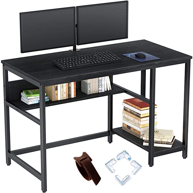 Rolanstar Black Computer Desk, 47" Office Desk with 2 Storage Shelves with Corner Protectors, Study Table, Workstation,Business Style, Stable Metal Frame