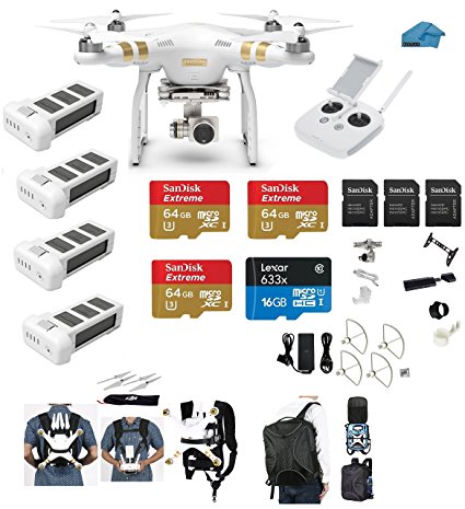 DJI Phantom 3 Professional (Pro) 4K Video Camera EVERYTHING YOU NEED Kit   3 DJI Extra Batteries   Snap on Guards   3 64GB UHS-I/U3 SD Cards w/Reader   Carry System   Cleaning Cloth  (With Backpack)