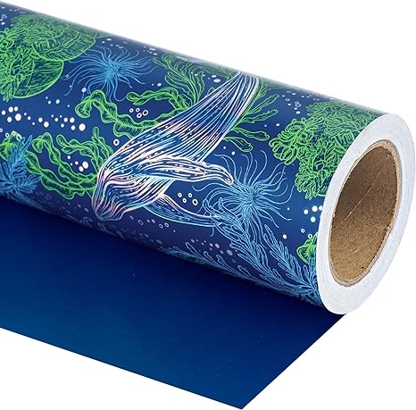 WRAPAHOLIC Reversible Wrapping Paper - Mini Roll - 17 Inch X 33 Feet - Elegant Whale Ocean Design for Birthday, Holiday, Party, Baby Shower
