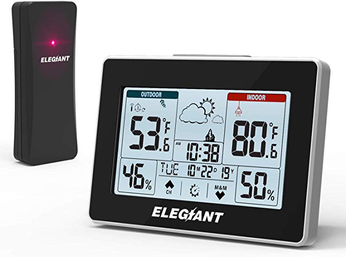 ELEGIANT Wireless Weather Station, Indoor Outdoor Thermometer Hygrometer with Sensor, LCD Touch Screen, Digital Temperature Humidity Monitor, Weather Forecast, Time & Date(7 Language), 3 Channels