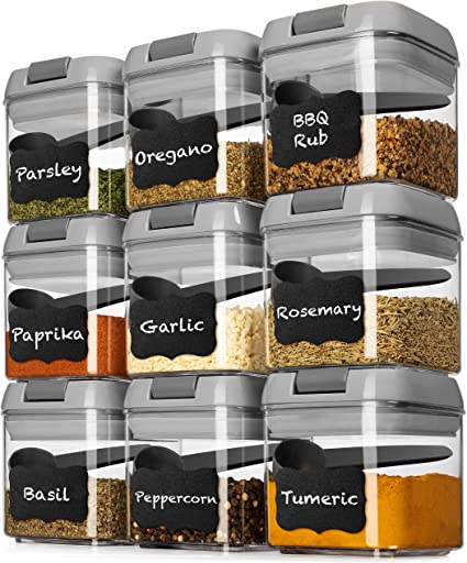 Shazo Airtight 9 Pc Mini Container Set   9 Spoons, Labels & Marker - Durable Clear Plastic Food Storage Containers with Lids - Kitchen Cabinet Pantry Containers for Spices, Herbs, Coffee, Tea etc GRAY