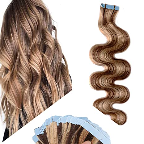 22 Inch Tape in Human Hair Extensions Highlight Wavy Thin Hair 100g 40pcs/pack Seamless Skin Weft Glue in Body Wave Human Hairpieces Balayage #12/613 Golden Brown Mix Bleach Blonde