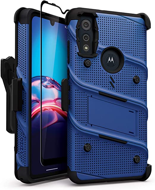 ZIZO Bolt Series for Moto E (2020) Case with Screen Protector Kickstand Holster Lanyard - Blue & Black