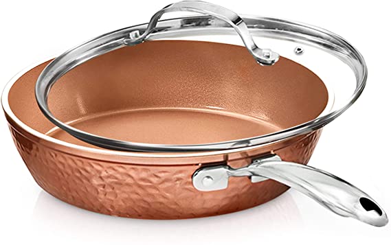 Gotham Steel 12” Nonstick Fry Pan with Lid – Hammered Copper Collection, Premium Aluminum Cookware with Stainless Steel Handles, Induction Plate for Even Heating, Dishwasher & Oven Safe