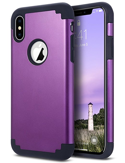 iPhone X Case, ULAK Slim Heavy Duty Protection iPhone X Case With Soft Rubber & Silicone Hard PC Back Dual Layer Shock Absorption Cover Wireless Charging, Purple/Black