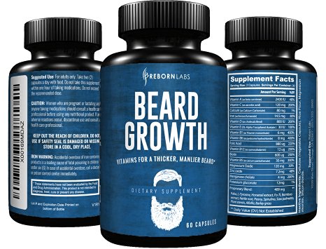 Beard Growth Supplement with Vitamins for a Fuller, Longer, & Thicker Beard | Also Promotes Faster Facial Hair Growth | Natural Complex with Biotin for Healthy & Strong Hair | 60 Capsules
