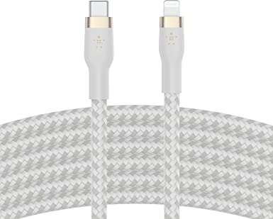 Belkin BoostCharge Pro Flex Braided USB Type C to Lightning Cable (3M/10ft), MFi Certified 20W Fast Charging PD Power Delivery for iPhone 13, 12, 11, Pro, Max, Mini, SE, iPad and More - White