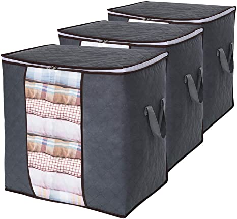 Lifewit Clothes Storage Bag 90L Large Capacity Organizer with Reinforced Handle Thick Fabric for Comforters, Blankets, Bedding, Foldable with Sturdy Zipper, 3 Pack, Grey