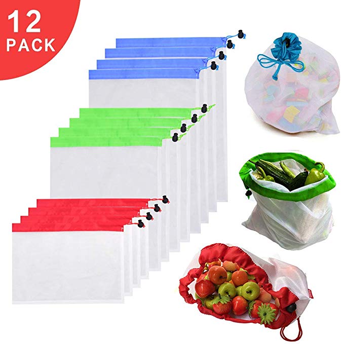 VASLON 12 Pack Reusable Produce Bags, Reusable Mesh/Produce Bags with Drawstring, Washable Eco Friendly Mesh Bags for Grocery Shopping Storage of Fruit Vegetable & Garden Produce,Toys Washable Eco Friendly Mesh Bags with Drawstring