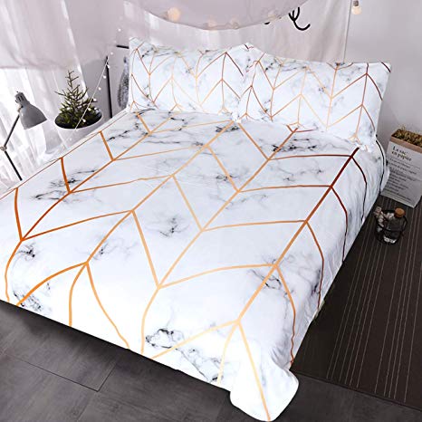 BlessLiving White Marble Bedding Geometric Rose Gold Stripes Lines Pattern Duvet Cover 3 Pieces Ultra Soft Nature Home Decor Marble Bed Set (King)