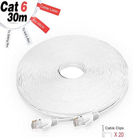 Cat6 Ethernet Cable 100ft - GLCON High Speed Flat Internet Network Cable with RJ45 Connectors, Clips & Labels - Long Computer LAN Wire for Laptop, PC, Router, Modem, Printer, TV - White