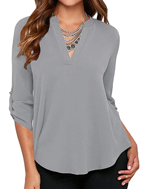 Grace Elbe Women's Casual V Neck Cuffed Sleeves Solid Chiffon Blouse Top