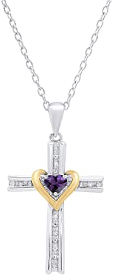 Dazzlingrock Collection 4 MM Heart Gemstone & Round White Diamond Ladies Heart Cross Pendant (Silver Chain Included), Available in Yellow Gold Plated 925 Sterling Silver & 10K Two Tone Gold