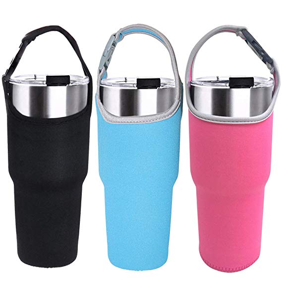 3 Pack Tumbler Carrier Holder Pouch for All 30oz Stainless Steel Travel Insulated Coffee Mug,Sonku Neoprene Sleeve with Carrying Handle,Fit for YETI Rambler Ozark Trail Rtic and More-Black Blue Rosy