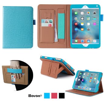 iPad mini 4 Case, Bovon® Folio Premium PU Leather Stand Case Cover with Auto Wake & Sleep Feature, Elastic Strap, Card Slots, Note Holder for Apple iPad mini 4 (2015 Release) (blue)