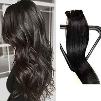 Myfashionhair Clip in Hair Extensions Real Human Hair Extensions 15 inches 70g Natural Black Clip on for Fine Hair Full Head 7 pieces Silky Straight Weft Remy Hair (15 inches, #1B)