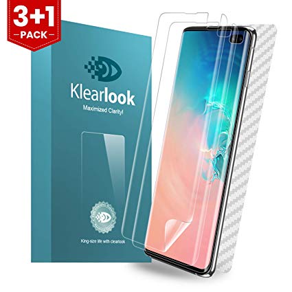 Klearlook (Case Friendly Screen Films for 6.4" Galaxy S10 Plus, (4 Pack-3 for Front and 1 for Rear), 2-Ultra Clear 1-Matte Wet Applied Screen Protector 1-Carbon Fibre Back Sticker for Galaxy S10 Plus