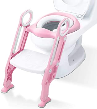 Mangohood Potty Training Toilet Seat with Step Stool Ladder for Boys and Girls Baby Toddler Kid Children Toilet Training Seat Chair with Handles Padded Seat Non-Slip Wide Step(Pink White)