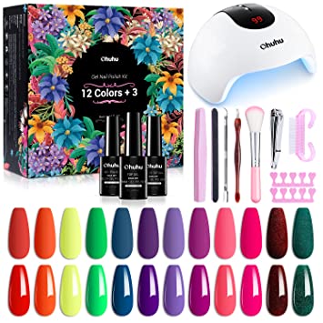 Gel Nail Polish Kit with 36W UV LED Lamp, Ohuhu 12 Colors Nail Gel Polish Set with Glossy and Matte Top Coat Soak Off Manicure Tools Set for Girls Mother Women Nail Art Decorations - Rainbow Colors