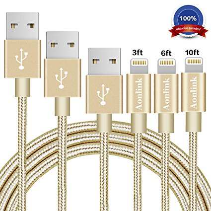 Aonlink iPhone Cable, 3Pack 3FT 6FT 10FT Nylon Braided Lightning to USB iPhone Charger Cord with Aluminum Connector for iPhone 7/7 Plus/6s/6s Plus/6/6Plus/5s/5c/5, iPad/iPod Models-Gold