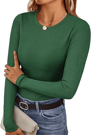 Ekouaer Womens Long Sleeve Shirts Crew Neck Stretchy Fitted Ribbed Tops Basic Base Layer Soft Thermal Undershirts Tee