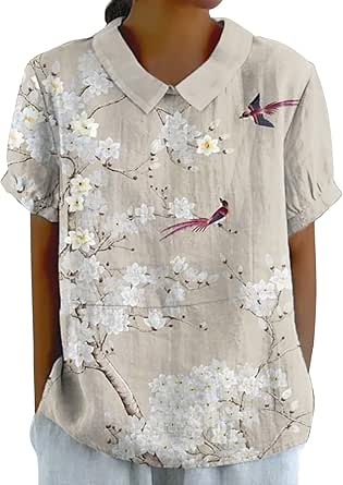 Women Linen Tops Floral Bird Printed T Shirt Summer Lapel Neck Tunic Shirt Sleeve Blouse Floral Graphic Lightweight