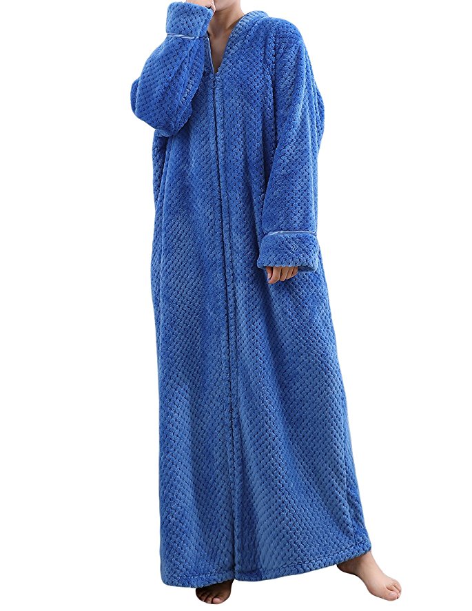 LAPAYA Women's Fleece Robe Calf Length Long Sleeve Fluffy Plain Zip Front Bathrobe