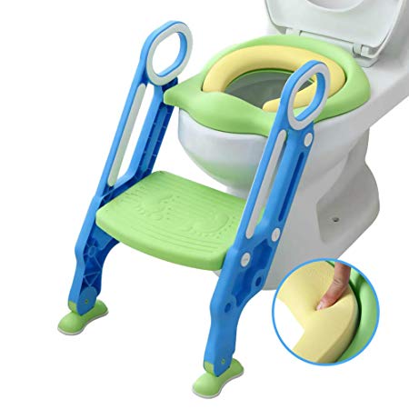 Mangohood Potty Toilet Training Seat with Step Stool Ladder for Boy and Girl Baby Toddler Kid Children’s Toilet Trainer Seat Chair (Blue Green Update PU Cushion)