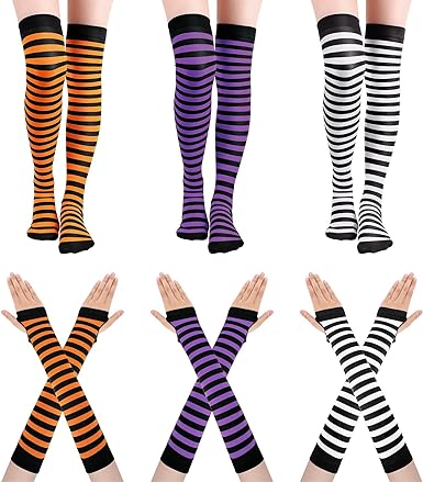 SATINIOR 6 Pairs Women's Striped Knee High Socks Striped Thigh High Socks Arm Warmer Fingerless Gloves for Halloween Party