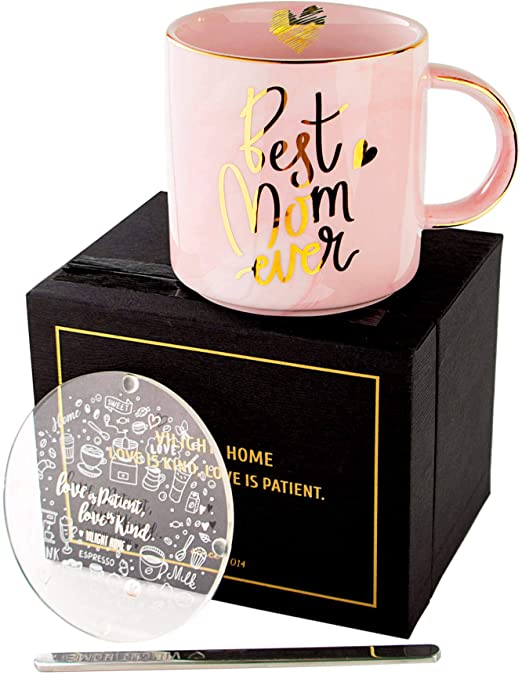 Vilight Mom Gifts from Daughter and Son - Best Mom Ever Mug Christmas Presents for Mother - Pink Marble Coffee Cup with Gift Package