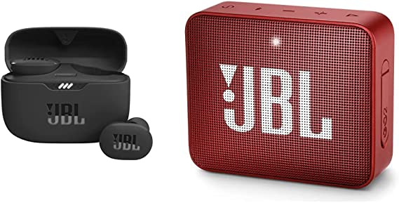 JBL Tune 130NC TWS True Wireless in-Ear Noise Cancelling Headphones - Black & GO2 - Waterproof Ultra Portable Bluetooth Speaker - Red