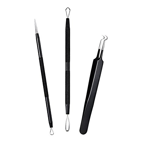 ElleSye Blackhead Tweezer - Professional Curved Stainless Steel Acne Removal Tool, Double-ended Pimple Comedone Extractor Whitehead Blemish Zit Remover with Metal Case for Risk Free Nose Face Skin