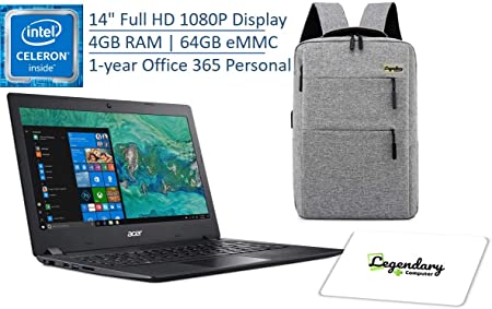 Acer 2020 Aspire 1 14 Inch FHD 1080P Laptop, Intel Celeron Dual-Core N4000, 4GB DDR4, 64GB eMMC, Office 365 Personal 1-Year Included, Windows 10 S W/ Legendary Computer Backpack & Mouse Pad Bundle