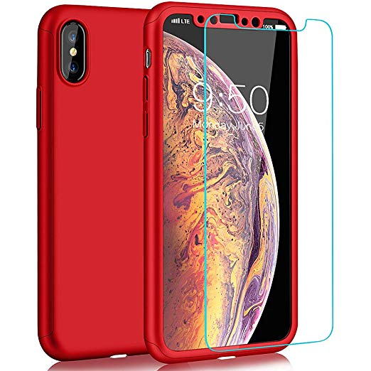 COOLQO Compatible for iPhone Xs Max Case 6.5 inch, Full Body Coverage Protection 2in1 Ultra-Thin Matte Finish Coating Acrylic Hard Slim Protective Cover with [Tempered Glass Screen Protector] - Red