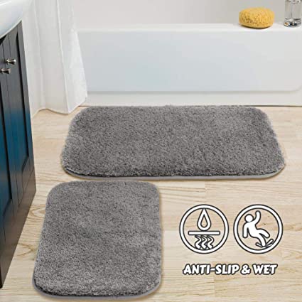 OurWarm 2Pcs Bathroom Rugs Bath Mats for Bathroom Non Slip Super Soft Bath Rug Set, Extra Thick Water Absorbent Shaggy Microfiber Shower Rug for Bathroom, Machine Washable(Gray, 20" x 32"  16" x 24'')