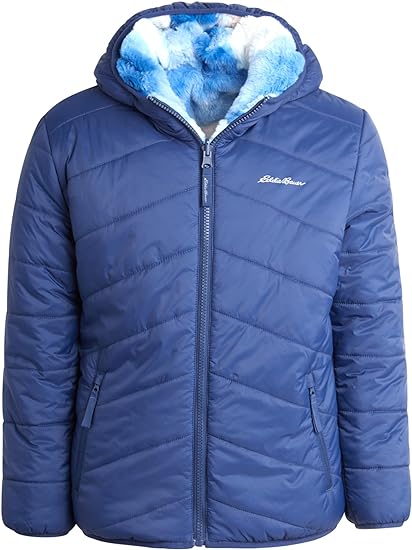 Eddie Bauer Girls' Reversible Jacket - Deer Harbor Waterproof Lightweight Puffer Coat with Faux Shearling Lining (5-20)