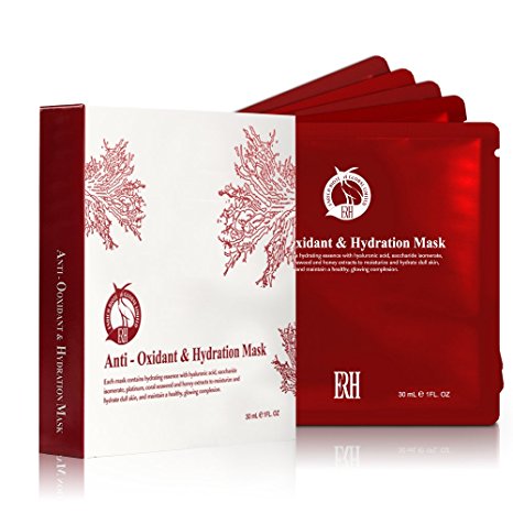 ERH Anti-oxidant & Hydration Facial Sheet Masks - Hydrate, Moisturize & Rejuvenate Your Skin At Home / During Travel. New Version Exclusive to Amazon with Expanded Mask Coverage. 5 Disposable Packs