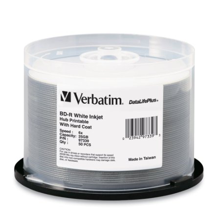 Verbatim BD-R 25GB 6X DataLifePlus White Inkjet Printable, Hub Printable - 50pk Spindle 97339