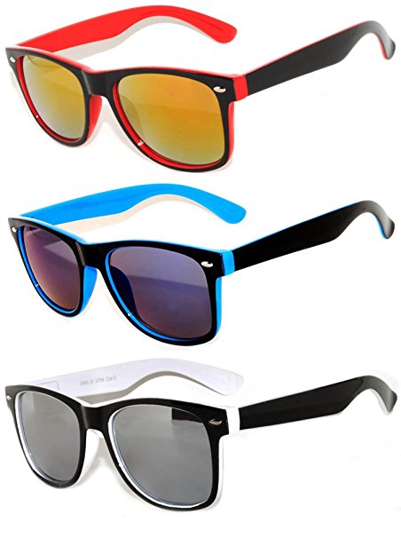 Retro Vintage Two -Tone Sunglasses Mirror Lens 3 Pairs -Yellow, Blue, Pink OWL.
