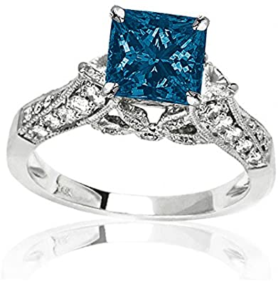 1.88 Carat t.w 14K White Gold Trillian and Round Diamond Engagment Ring w/a 1 Carat Princess Cut Blue Diamond Heirloom Quality