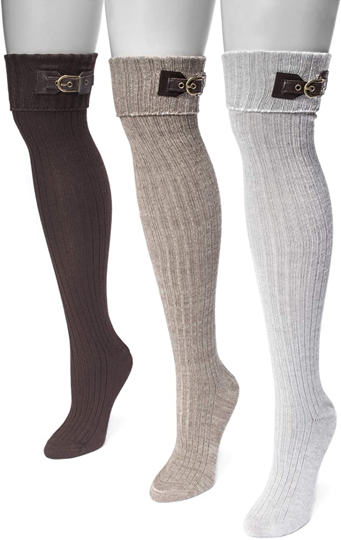 MUK LUKS womens Muk Luks Women's 3 Pair Buckle Cuff Over the Knee Socks Socks