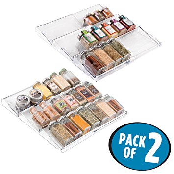 mDesign Expandable Kitchen Spice Organizer Rack for Herbs, Salt, Pepper, Cinnamon, Ginger, Garlic - Pack of 2, 3-Tier, Clear