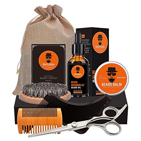 Envisha 8 in 1 Beard Grooming Kit, Ultimate Beard Kit for Men Contains Unscented Beard Oil, Beard Balm, Boar Beard Brush, Wood Beard Comb, Beard Shaping & Mustache Scissors for Trimming and Styling