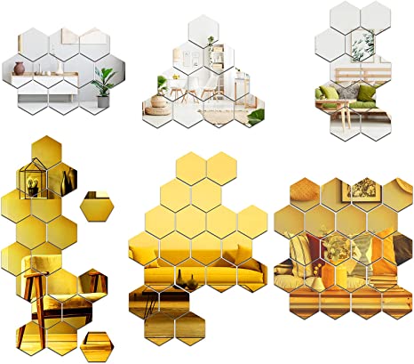 42 Pieces Hexagon Mirror Wall Stickers Removable Acrylic Mirror Wall Stickers for Bedroom Home Living Room Decor (Gold,Silver,10 x 8.7 x 5 cm)