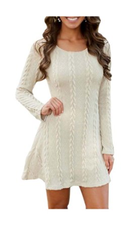 ARJOSA Women’s Elasticity Sleeve Round Neck Cable Knit Pullover Dress Sweater