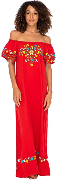 Back From Bali Womens Off Shoulder Long Mexican Embroidered Dress Maxi Boho Floral Summer Peasant Dress