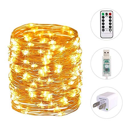 Polaristar string Lights,33ft 100led USB Plug in 8 Modes Fairy Lights with Remote Control Timer Waterproof Decorative Silver Wire Lights for Wedding Party Bedroom Indoor Outdoor Decoration,Warm White.