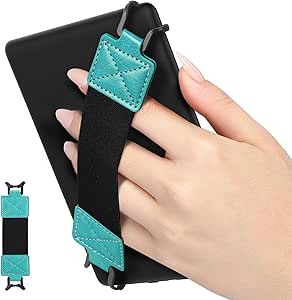 MoKo Security Hand-Strap for 6-8" Kindle eReaderFire Tablet, Kindle/Kobo/Voyaga/Lenovo/Sony Kindle E-Book Tablet, Elastic Versatile Hand Strap Lightweight Finger Grip Holder, Black Belt, Turquoise