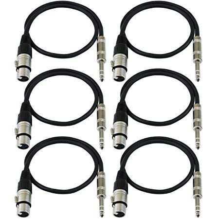 GLS Audio 2ft Patch Cable Cords - XLR Female to 1/4" TRS Black Cables - 2' Balanced Snake Cord - 6 Pack