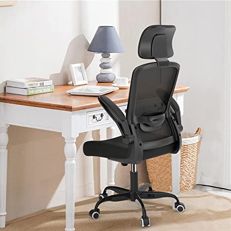 Home Office Chair, Ergonomic Office Chair with Adjustable Headrest and Lumbar Support, High Back Computer Desk Chair with Thickened Cushion and Flip-up Armrests, Black